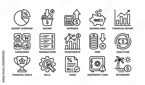 Personal finance and budgeting icons arranged in grid on white