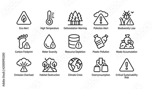 Environmental icons showing sustainability risks on white background