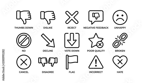 Negative feedback and error icons displayed in grid on white