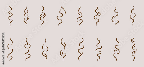 Smoke and steam icon set in vector style. Hot vapor, aroma, smell, and heat line icons with fire, coffee, fragrance, and flame elements. Simple doodle outline vector illustration.