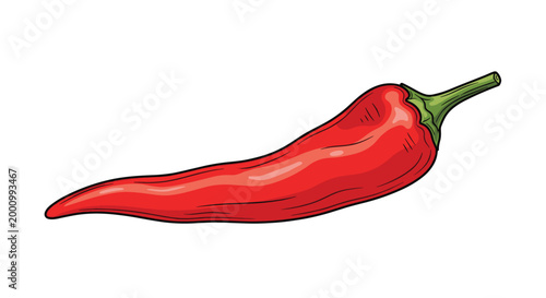 A vibrant and sharp illustration of a single red chili pepper, featuring its smooth, glossy skin and elongated, gently curved shape, emphasizing its fiery essence.
