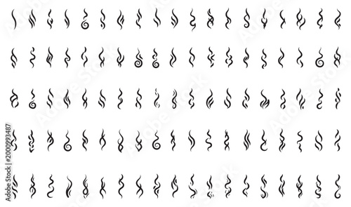 Smoke and steam icon set in vector style. Hot vapor, aroma, smell, and heat line icons with fire, coffee, fragrance, and flame elements. Simple doodle outline vector illustration.