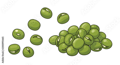 A depiction of numerous small, round green mung beans scattered and piled, highlighting their natural and wholesome appearance, ideal for healthy cooking and ingredient themes.