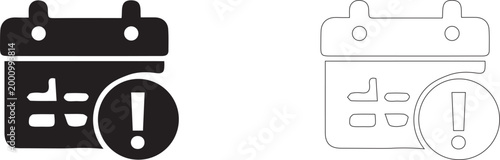 Black and White Calendar with Exclamation Mark Warning Icon Set Vector Illustration