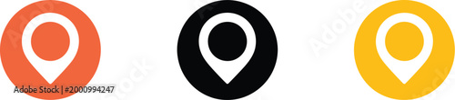 Location pin icon set, orange and yellow colored symbols representing map marker GPS navigation destination and user interface design elements.