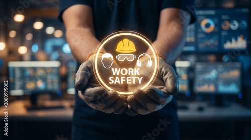 Glass-like work safety badge glows above a supervisor’s palm, suggesting monitoring and compliance in a bustling factory control area.