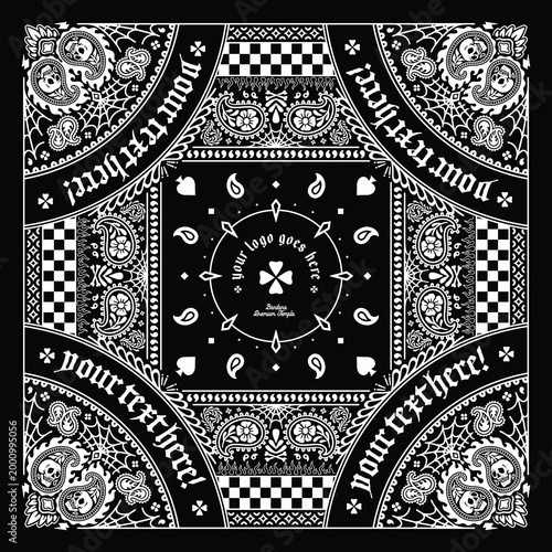 Cuadro en lienzo Black and white paisley bandana vector template with skulls and checkerboard des