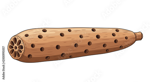 A distinctive whole lotus root, elongated and brown, clearly displaying its characteristic external holes and internal structure, ideal for Asian culinary and healthy food concepts.