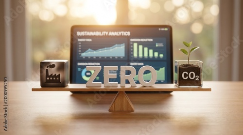 Sustainability presentation shows ZERO on a business display with bar and line charts, small CO2 cubes, and a potted plant under golden bokeh light.