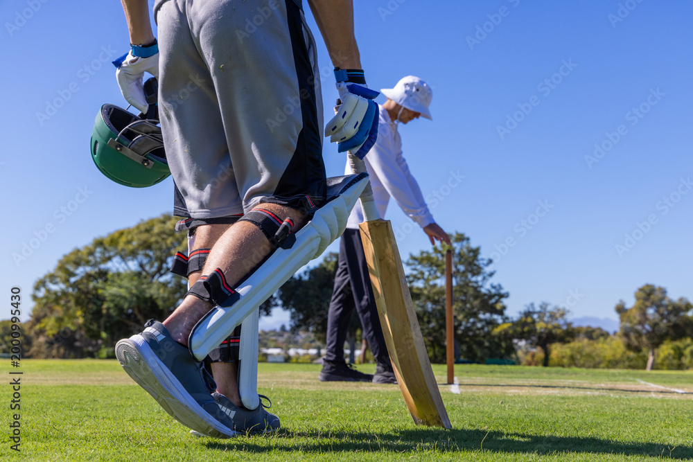 Fototapeta premium Two male cricketers standing on grass pitch, batter in pads holding helmet and bat near stumps
