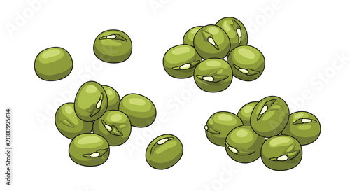 A collection of small, round green mung beans, scattered in various piles, highlighting their natural and wholesome appearance, ideal for healthy cooking and ingredient themes.