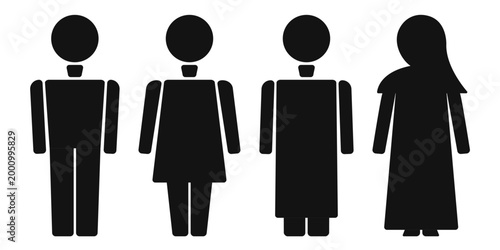 Set of diverse people icons in different outfits, flat vector illustration, isolated on transparent background.