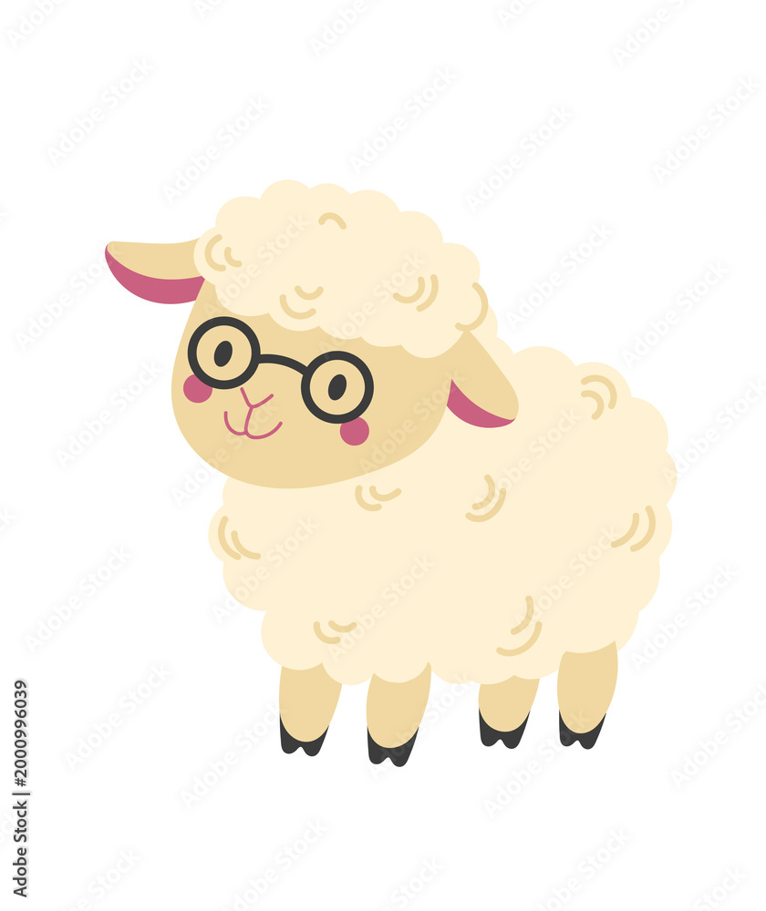 Fototapeta premium Cute cartoon sheep animal character wearing glasses.