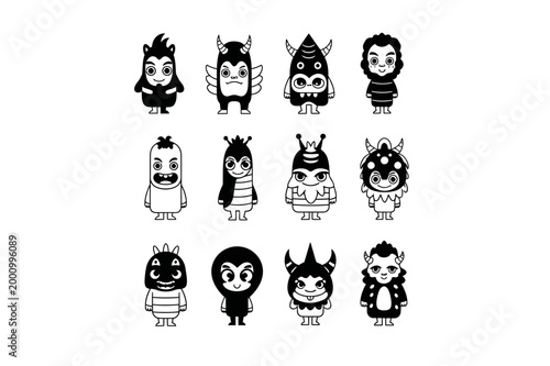 black icons monsters mythical funny set vector characters design