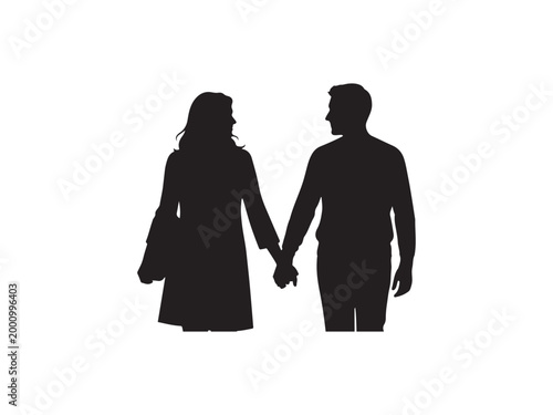 Black silhouette of couple holding hands.