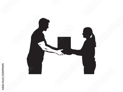 Black silhouette of man and woman exchanging a box.