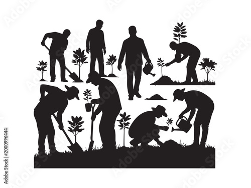 Black silhouettes of people planting trees