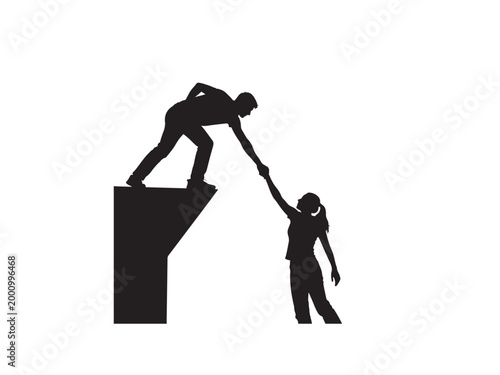 Man helping woman up a cliff.