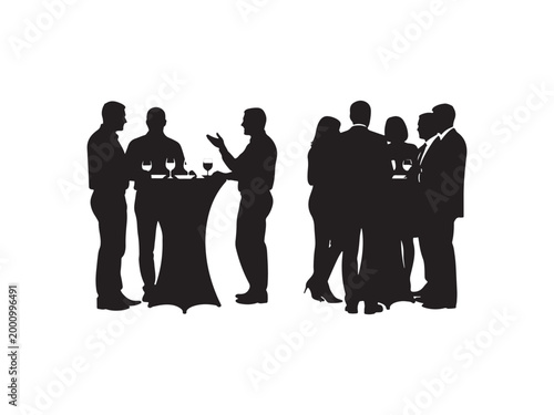 Silhouette of four businessmen standing with wine glasses.eps