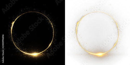 Billede på lærred Circle with golden glow and sparkles isolated on transparent and black backgroun