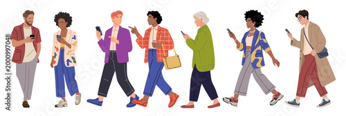 Set of diverse individuals walk side by side, each engrossed in their phone. They stroll with casual confidence, dressed in vibrant, modern attire. 