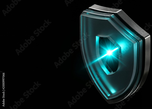 Free Download 3D metallic cyber security shield with glowing photonic cyan light flare against obsidian black background, advanced data protection and privacy concept, futuristic B2B technology copy space - GFXLoad