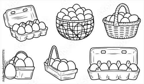 Hand drawn egg collection with tray basket and box black and white food illustration