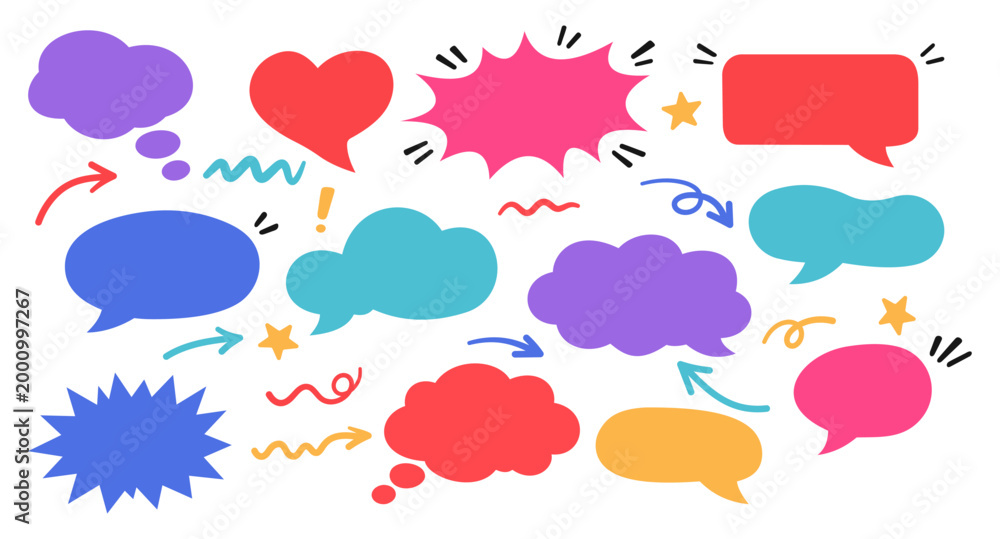Naklejka premium Colorful Hand Drawn Speech Bubbles and Scribbles Set Doodle Style : Handdrawn chat bubbles, thought clouds, and arrows with colorful doodle elements. communication shapes for fun comic dialogues