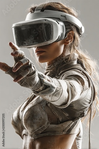 Woman wearing futuristic VR headset and tactical gear reaching out into virtual space