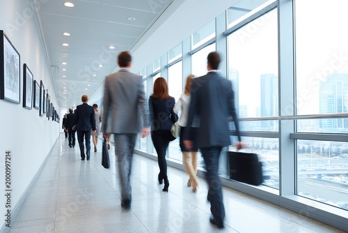 Business professionals walking down a modern office building hallway with city view