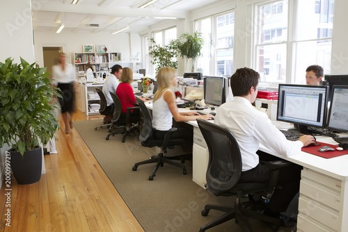 Employees working at desks in a modern open-plan office with natural light