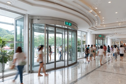 People entering and exiting a modern shopping mall through revolving doors