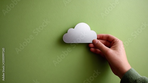 Hand holding a metallic silver cloud cutout against a textured green wall