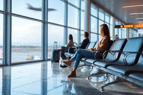 People waiting at an airport terminal, watching a plane take off through large windows
