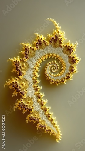 Intricate golden fractal spiral with maroon accents and textured details