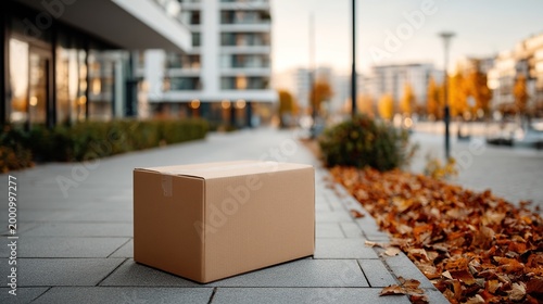 Cardboard delivery box left on a sidewalk next to fallen autumn leaves and modern buildings