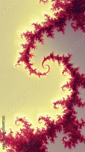 Radiating fractal spirals in goldenrod and maroon abstract pattern