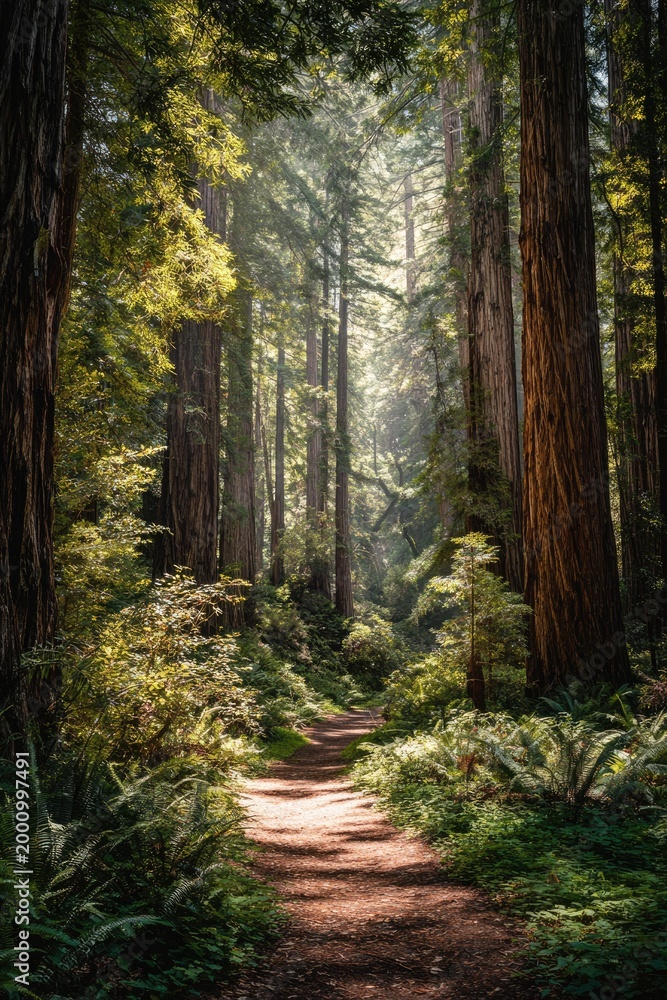 Fototapeta premium Sunlight filters through redwood forest path
