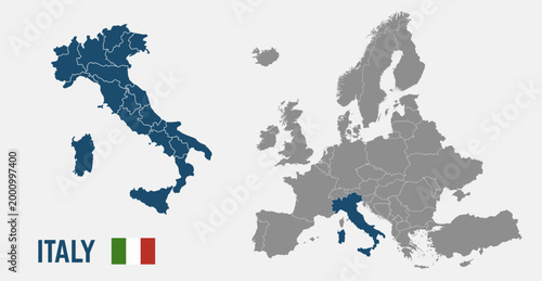 Italy map. Italy flag. Europe and Italy maps with regions. Europe map isolated on white background. High detailed. Vector illustration	