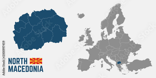North Macedonia map. North Macedonia flag. Europe and North Macedonia maps with regions. Europe map isolated on white background. High detailed. Vector illustration	