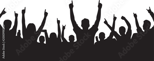 Crowd of people silhouette, happy young group party people together, cheering crowd on concert or sport event, cheerful fans
