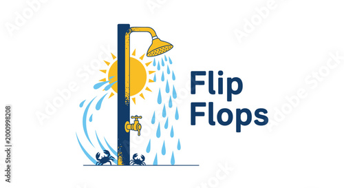Vector shower head icon, flip flops logo, summer bathroom symbol, blue and yellow design