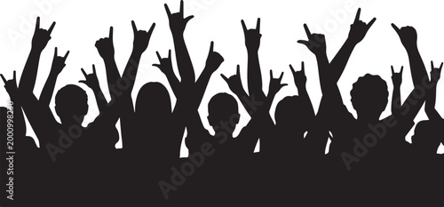 Crowd of people silhouette, happy young group party people together, cheering crowd on concert or sport event, cheerful fans
