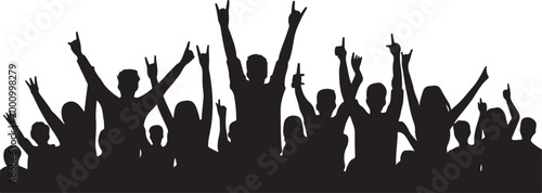 Black crowd silhouette of people with raised hands at concert or party event celebration, cad drawing flat vector illustration background
