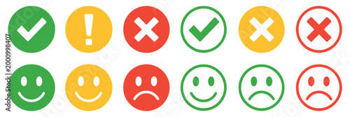 Circular status icon set with green yellow red signals, approval and error symbols, alert and feedback emoticons, clean flat vector design elements for apps, dashboards, and user interface rating syst