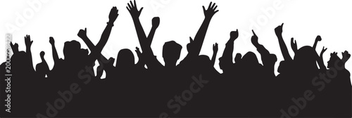 Black crowd silhouette of people with raised hands at concert or party event celebration, cad drawing flat vector illustration background
