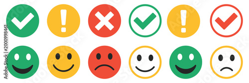 Round icon set showing green yellow red indicators with check marks, cross marks, alerts, and emoticons, feedback and status buttons, flat emoji vector illustration for surveys, UI design, and evaluat