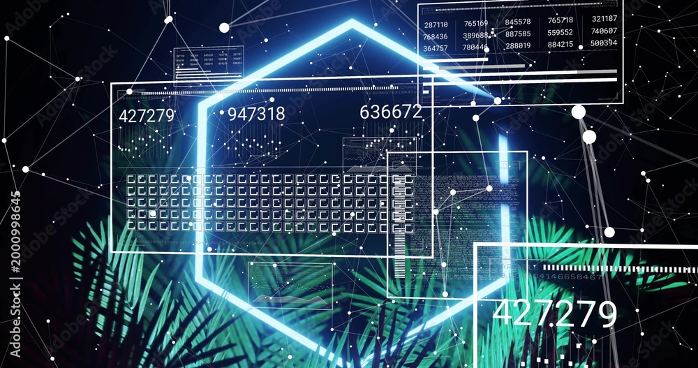 Fototapeta premium Projecting glowing cyan hexagon with UI panels over starfield, showing code, grids and palm leaves