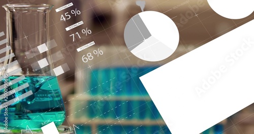 Displaying conical flask holding teal liquid on lab, rack with overlays 45% 71% 68%, copy space