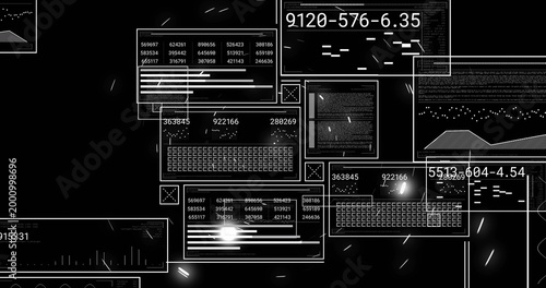 Displaying central HUD panels pulsing at virtual dashboard, with numeric readouts, waveform charts